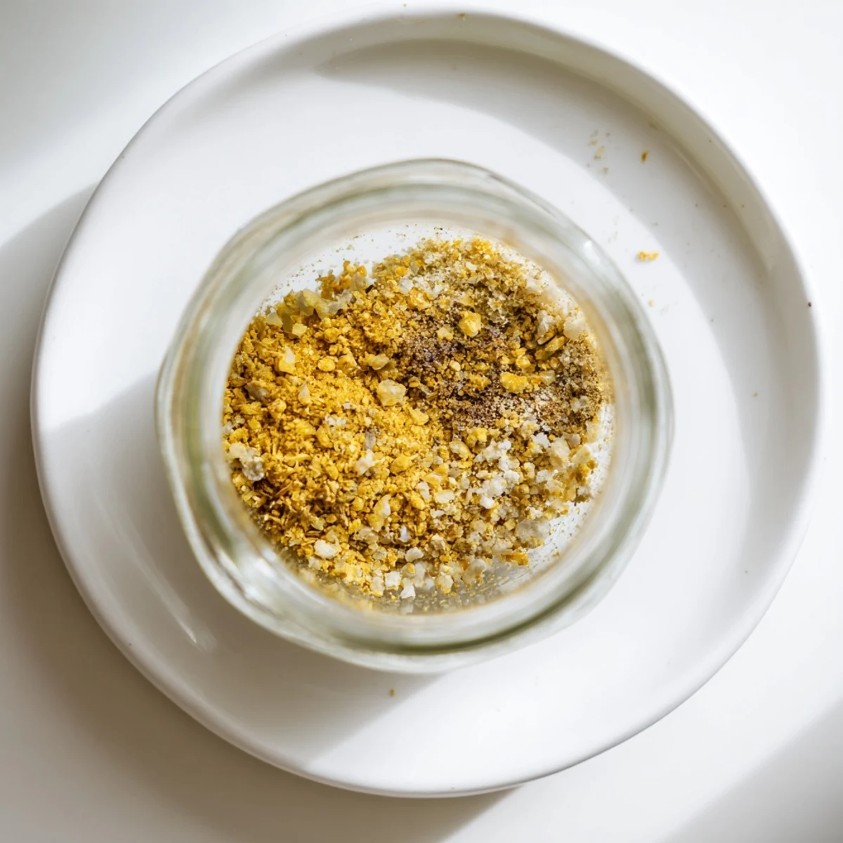 Golden brown gluten free ramen seasoning recipe displayed in small clear container