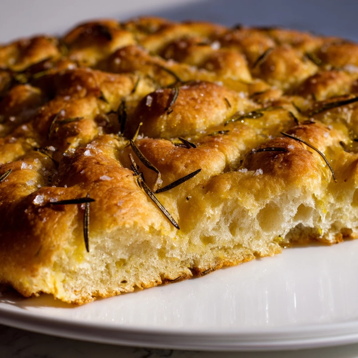 Golden Italian focaccia bread topped with fresh rosemary and flaky sea salt on a wooden board