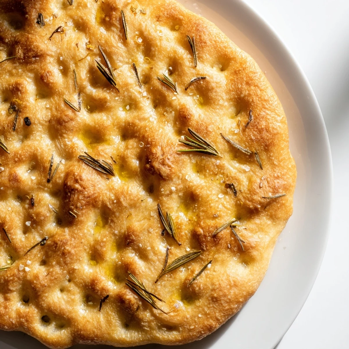 Crispy focaccia flatbread drizzled with olive oil and dotted with aromatic herbs, ready for slicing