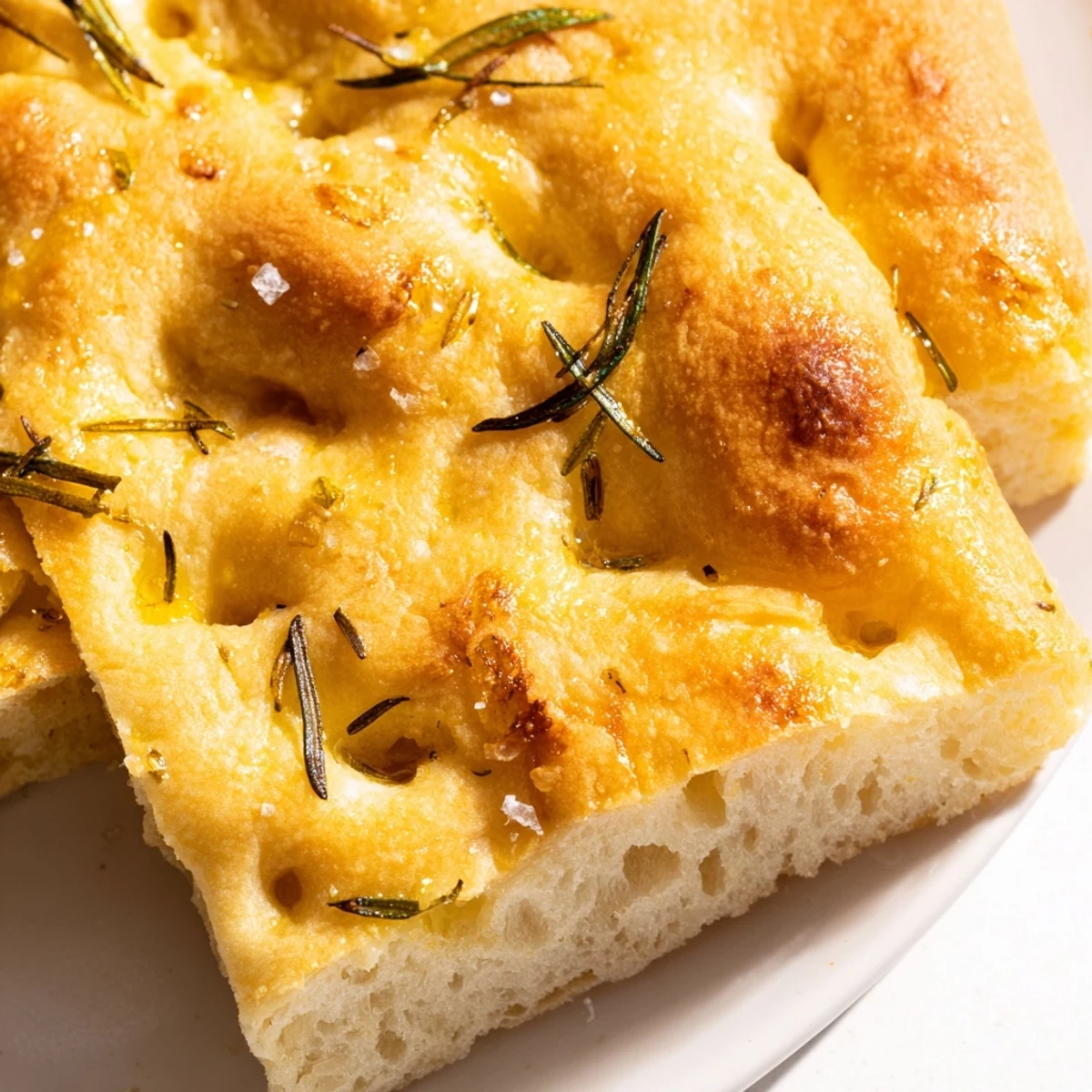 Soft airy focaccia with dimpled surface, rosemary sprigs, and coarse salt baked to golden perfection
