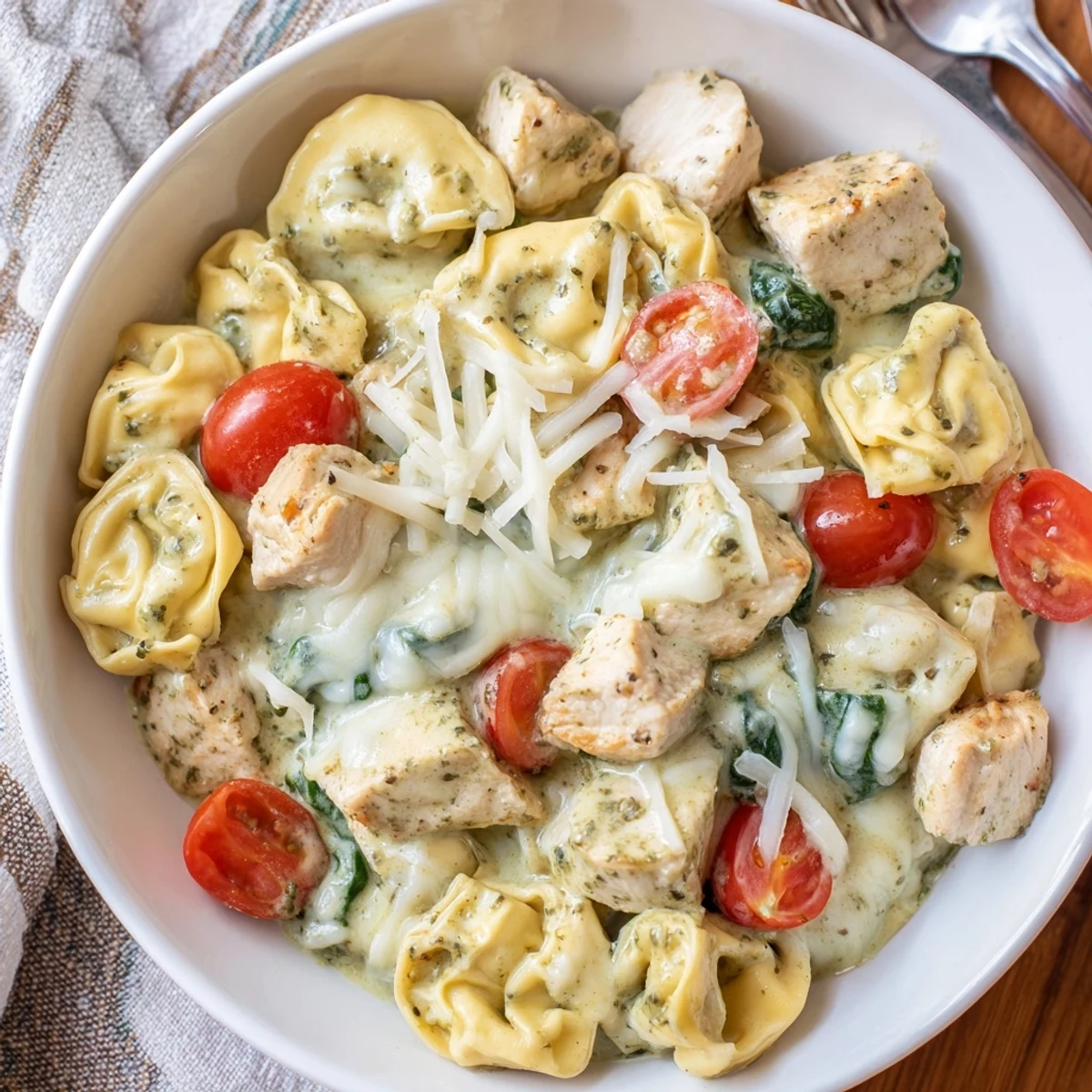 Slow Cooker Tortellini Casserole With Cheesy Chicken Pesto, creamy, bubbling, garnished with basil.