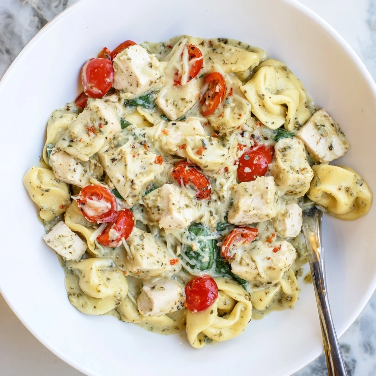 Slow Cooker Tortellini Casserole With Cheesy Chicken Pesto layered with melty mozzarella, tomatoes.