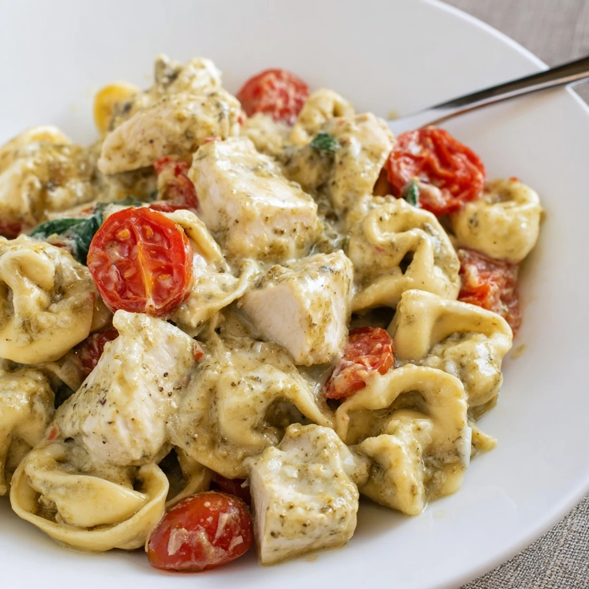 Family Slow Cooker Tortellini Casserole With Cheesy Chicken Pesto, rich and spoon-ready.