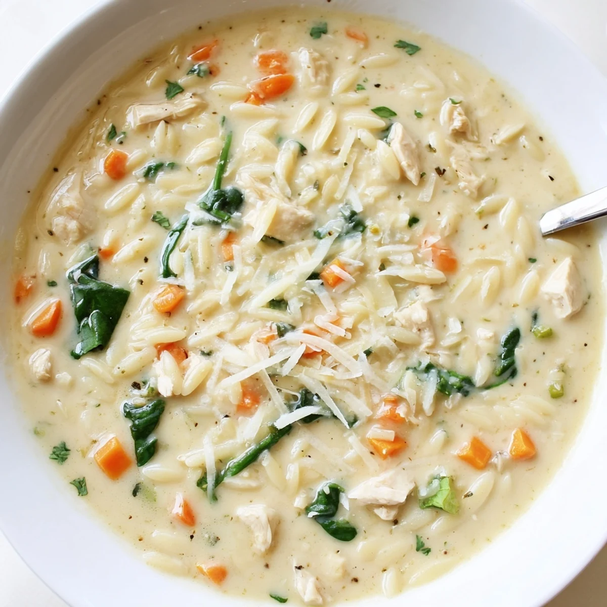 Creamy Chicken Florentine Soup With Orzo steaming in a rustic bowl