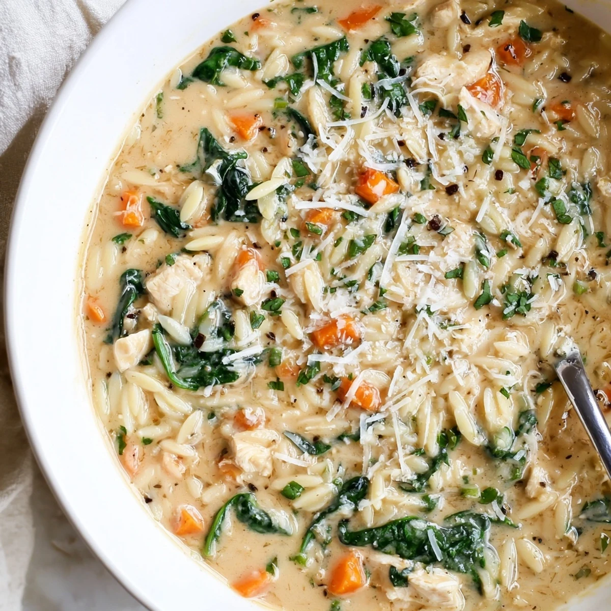 Spoon lifting Creamy Chicken Florentine Soup With Orzo, fragrant garlic and parmesan