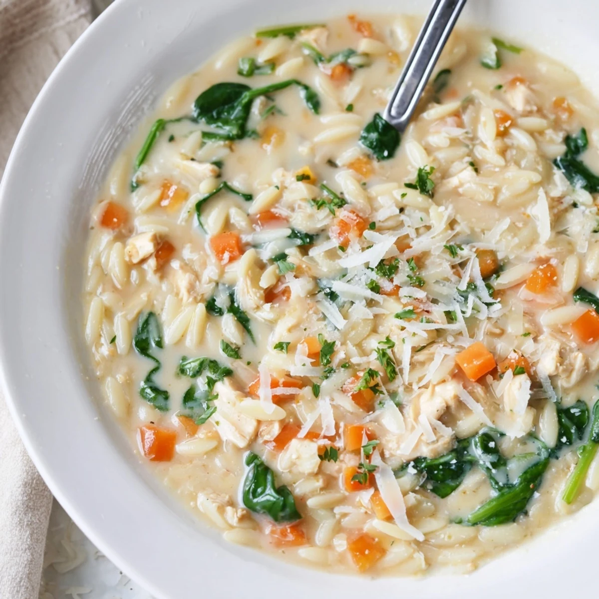 Hearty bowl showcases Creamy Chicken Florentine Soup With Orzo, silky comforting sip