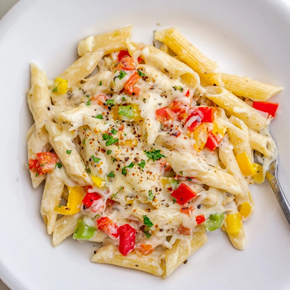 Bubbling Cheesy Stuffed Pepper Skillet Pasta with golden melted cheese and peppers