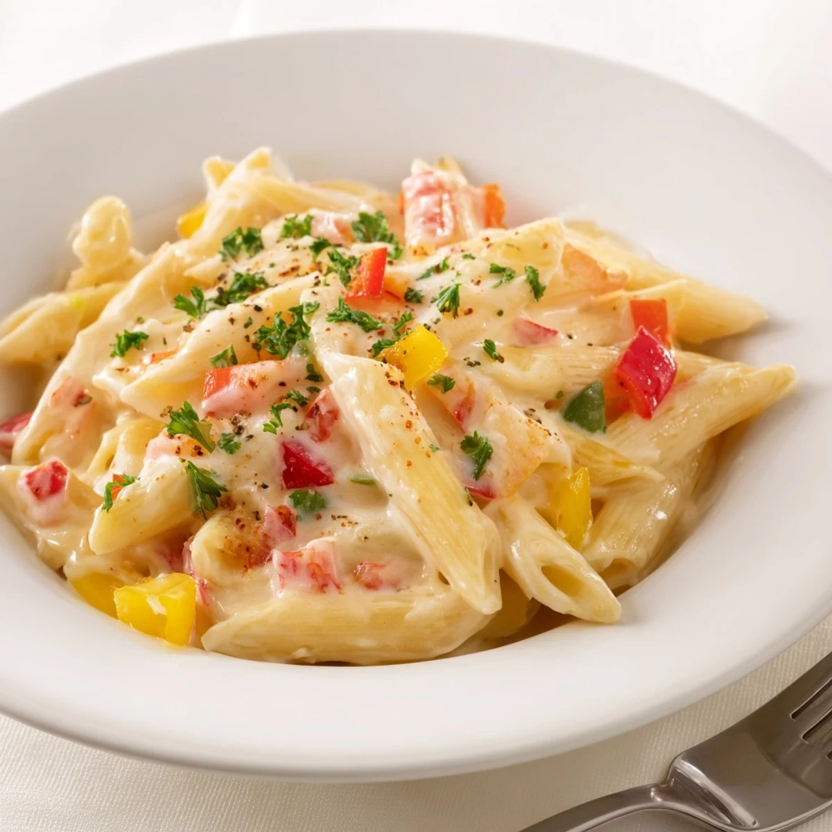 Weeknight-friendly Cheesy Stuffed Pepper Skillet Pasta, creamy sauce and tender vegetables