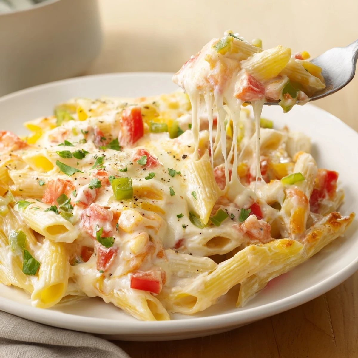 Broiled Cheesy Stuffed Pepper Skillet Pasta garnished with parsley, steaming and aromatic