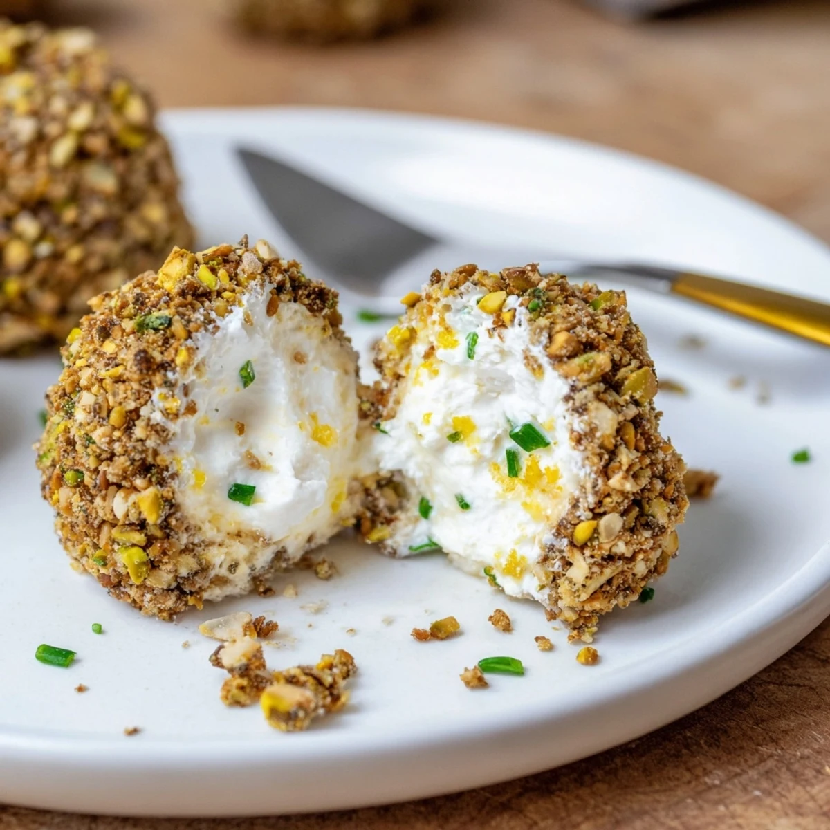 Plated Savory Pistachio Crusted Cheese Bites garnished with chives, lemon zest