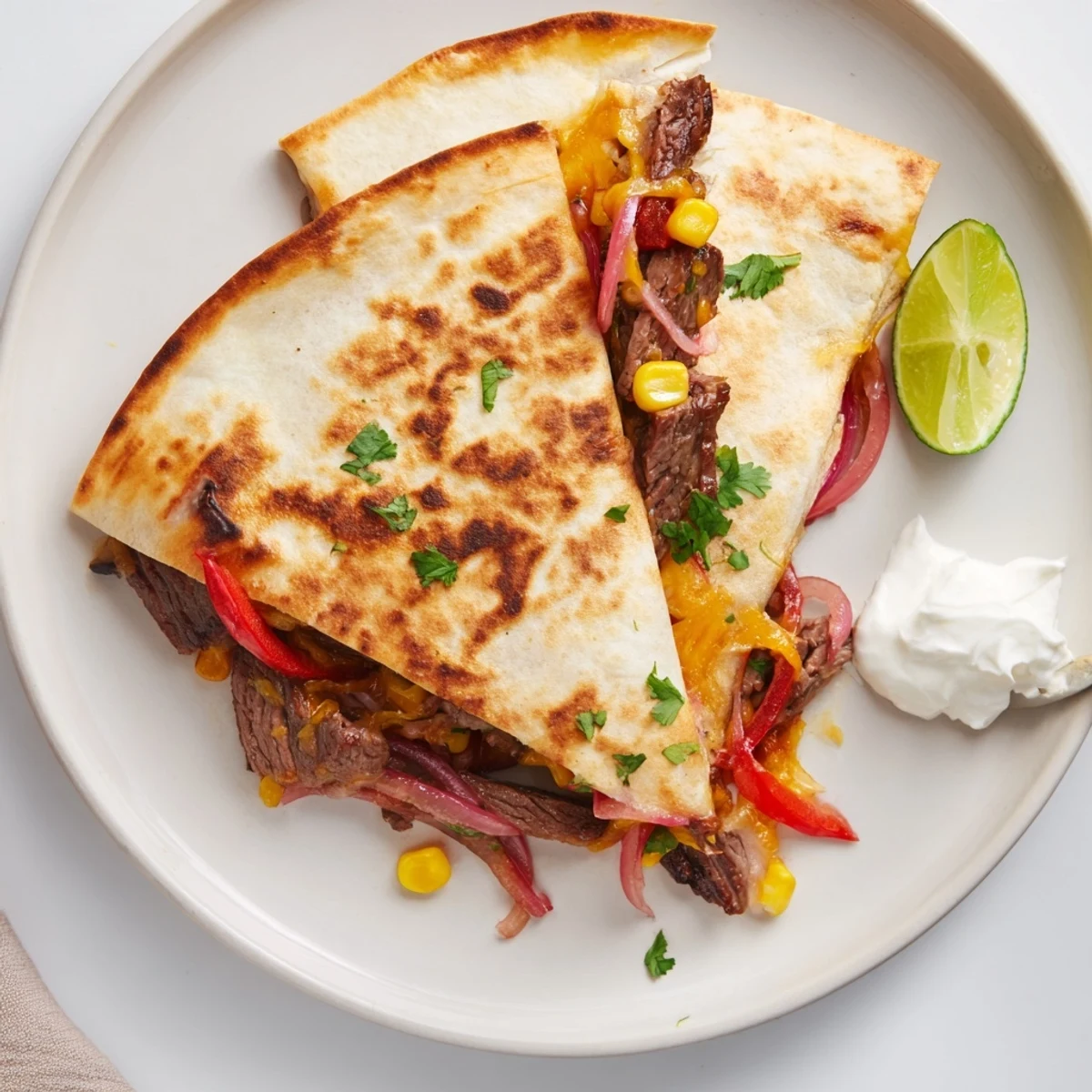 Warm Sweet Savory Beef Quesadillas Recipe wedges served with lime, sour cream.