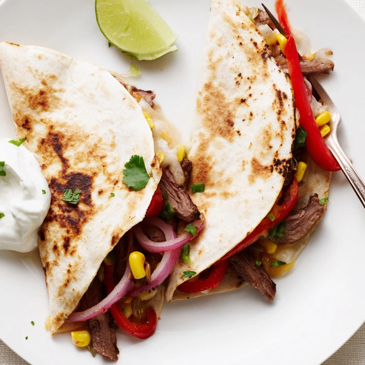 Skillet-made Sweet Savory Beef Quesadillas Recipe oozing melted cheese and smoky-sweet aroma.