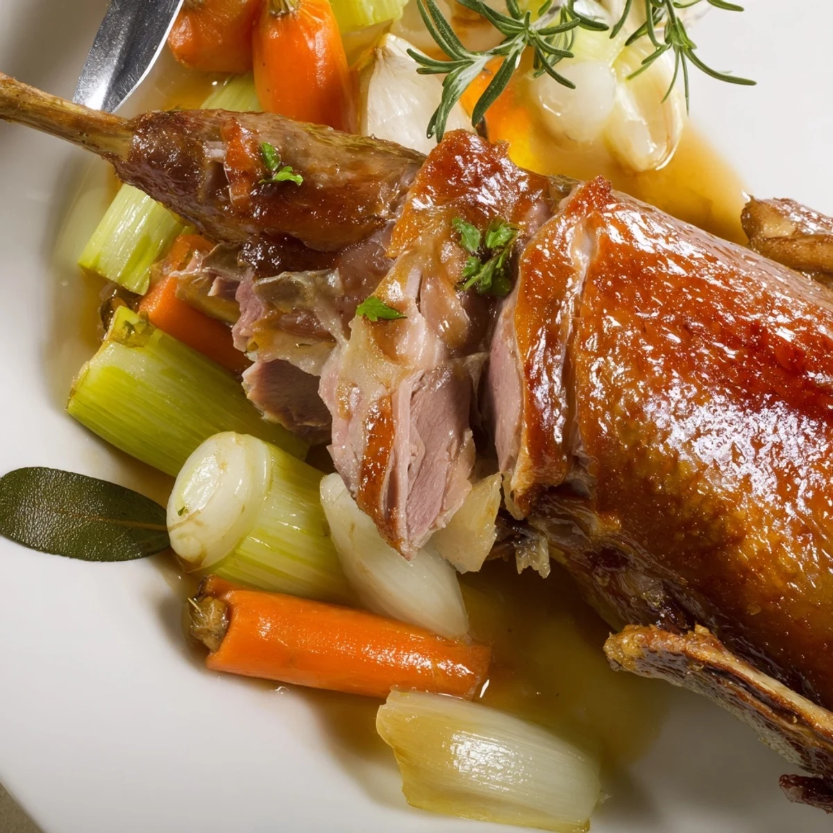 Crispy Braised Duck With Savory Vegetables resting on roasted root vegetables, glistening juices  