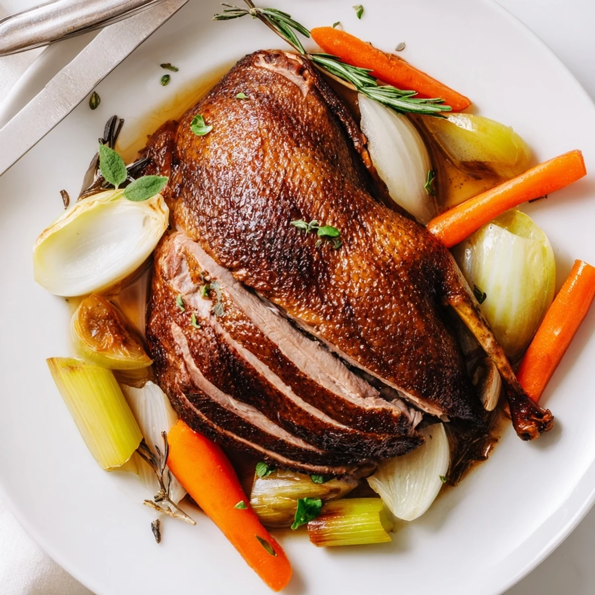 Carved Crispy Braised Duck With Savory Vegetables served with spoonfuls of braising juices