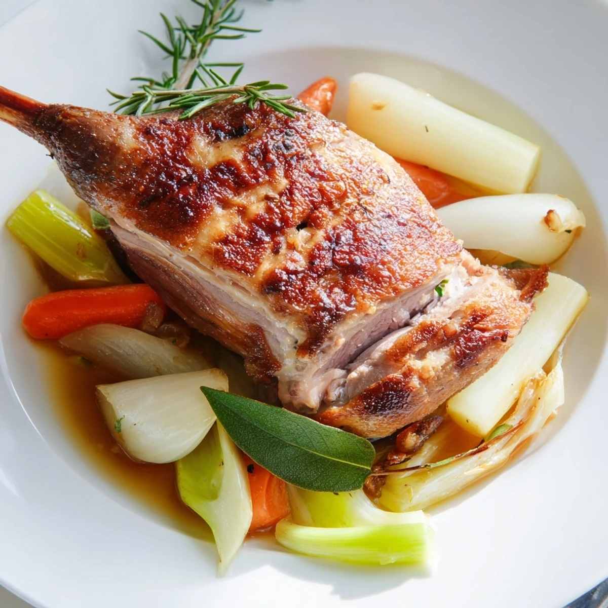 Oven-browned Crispy Braised Duck With Savory Vegetables, crispy skin and aromatic thyme  