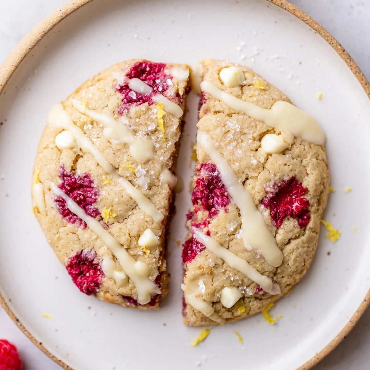 Plated Chewy Lemon Raspberry Cookies, gooey centers, served with tart lemon glaze