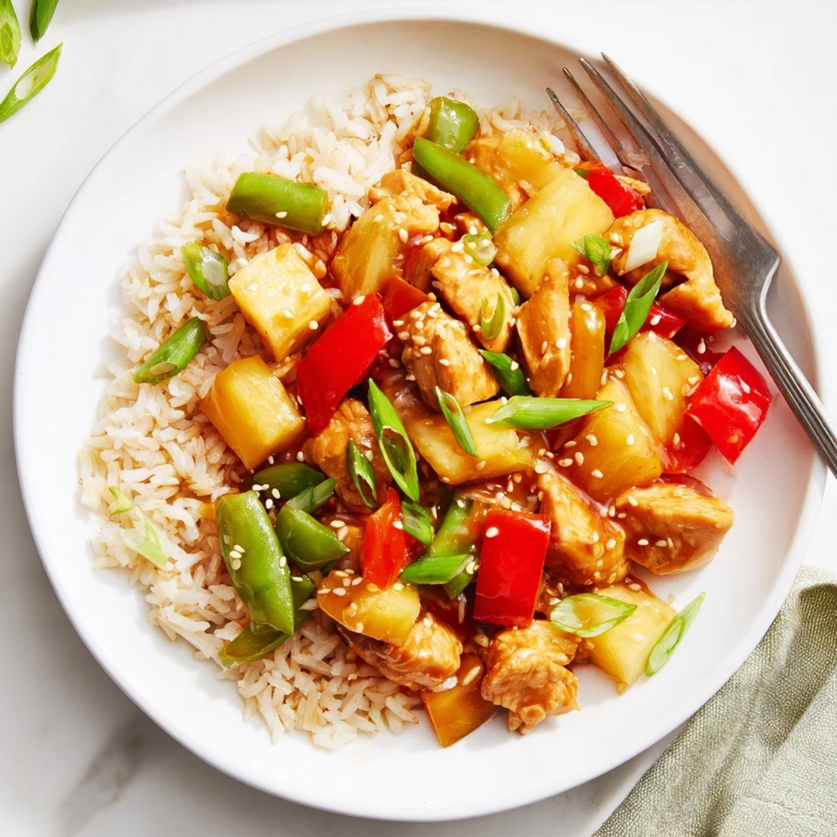 Sizzling wok of Pineapple Chicken And Rice glazed in glossy sweet and savory sauce