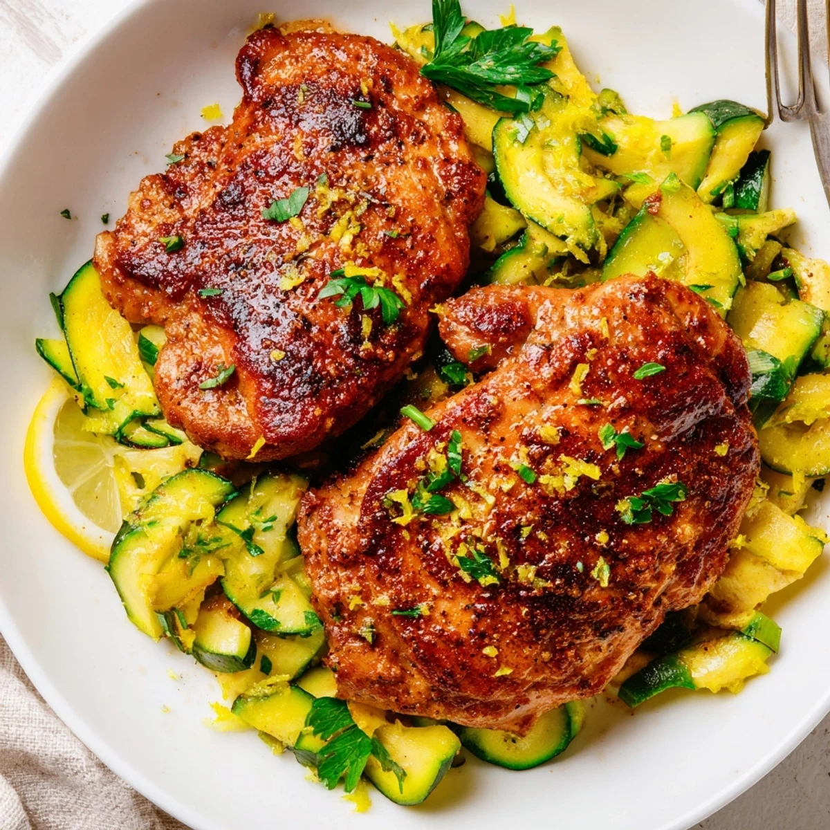 Skillet steaming with Asado Chicken With Lemon Zucchini Saute, fragrant garlic and parsley.