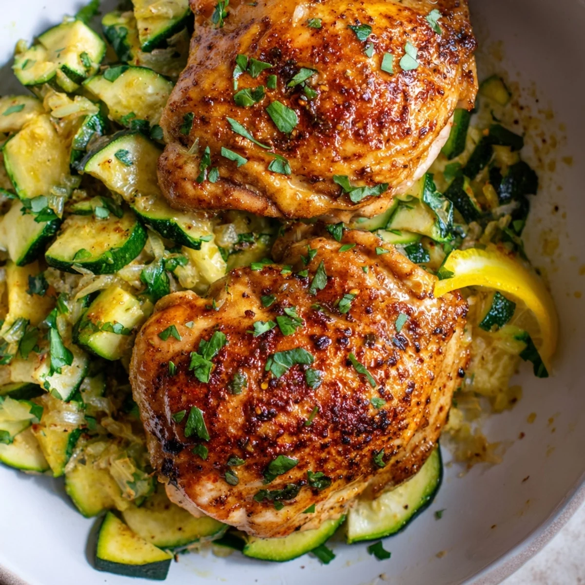 Asado Chicken With Lemon Zucchini Saute plated, golden thighs and glossy lemon zucchini.