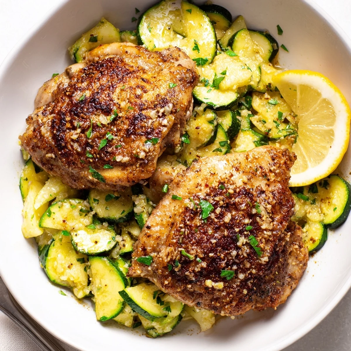 Bright, lemony Asado Chicken With Lemon Zucchini Saute served with wedges and herbs.