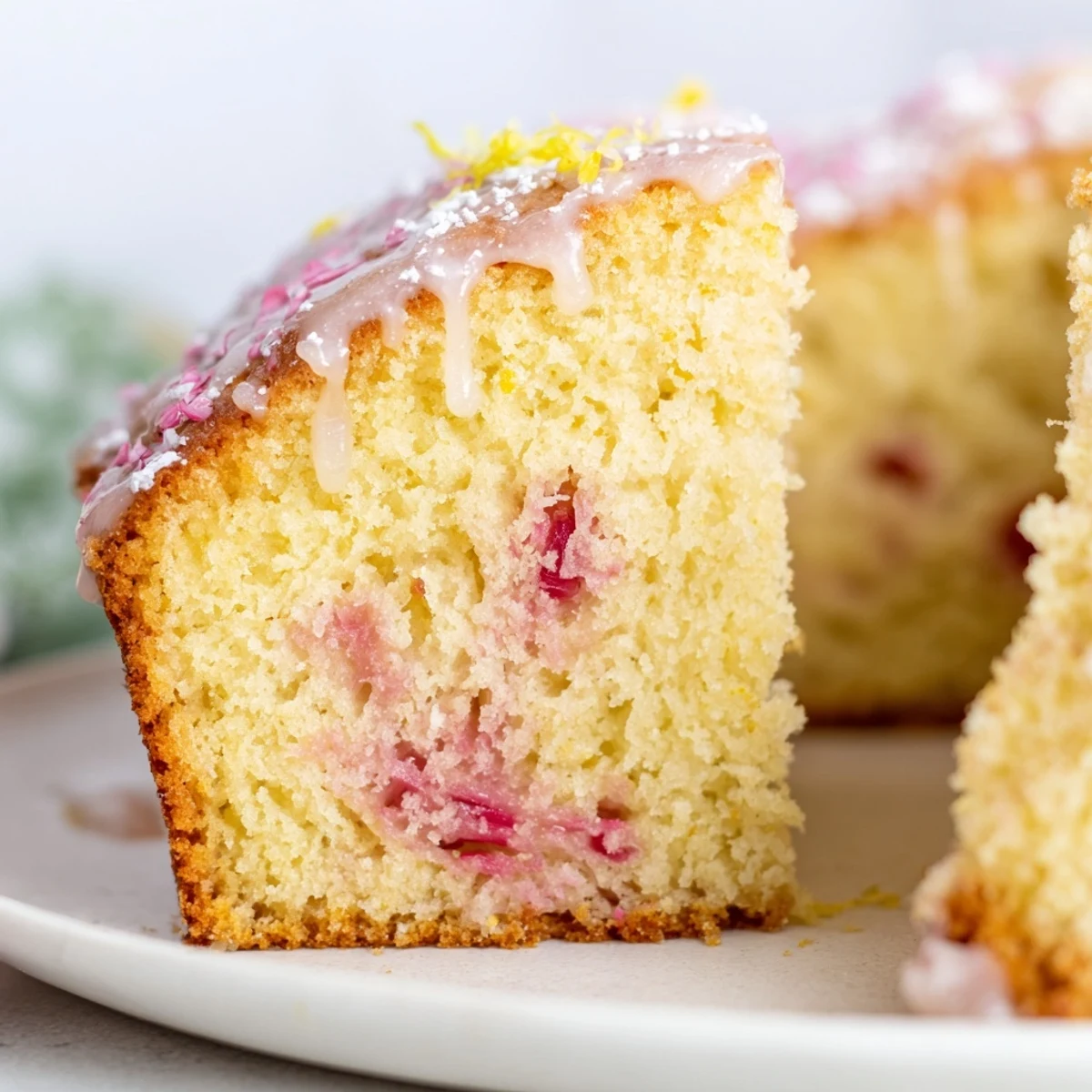 Golden rhubarb lemon drizzle cake with tangy glaze and pink fruit pieces