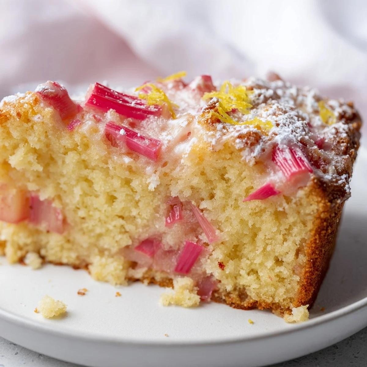 Moist zesty rhubarb lemon drizzle cake sliced on a white serving plate