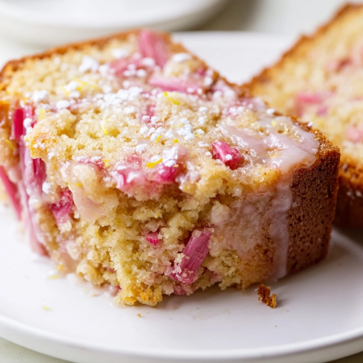 Homemade rhubarb lemon drizzle cake topped with powdered sugar and lemon zest