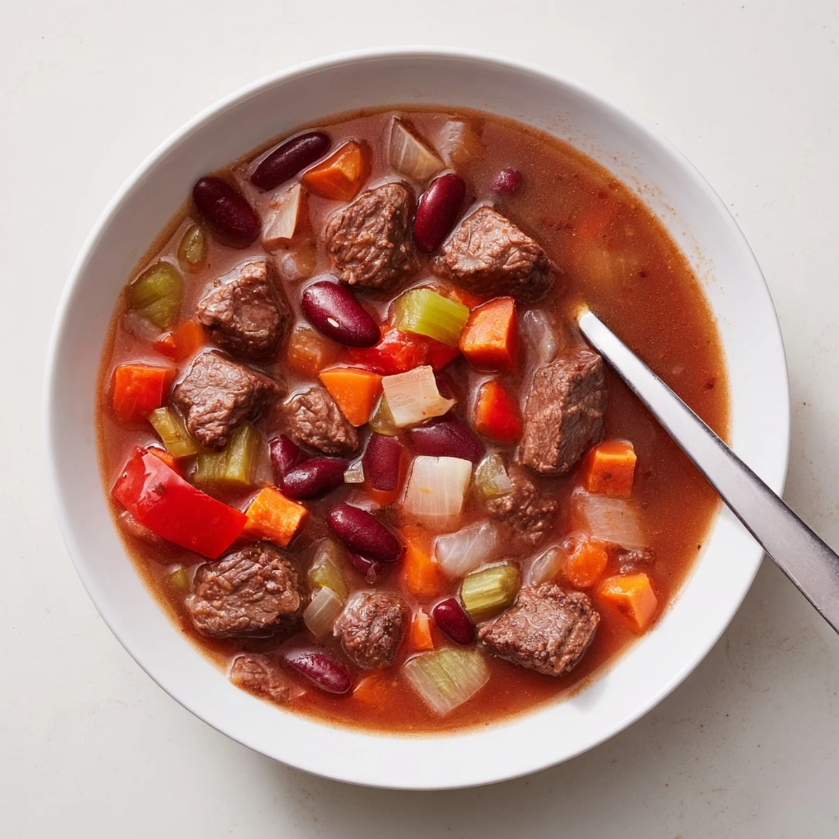 Steaming bowl of savory beef and bean soup delight loaded with tender beef chunks and colorful vegetables
