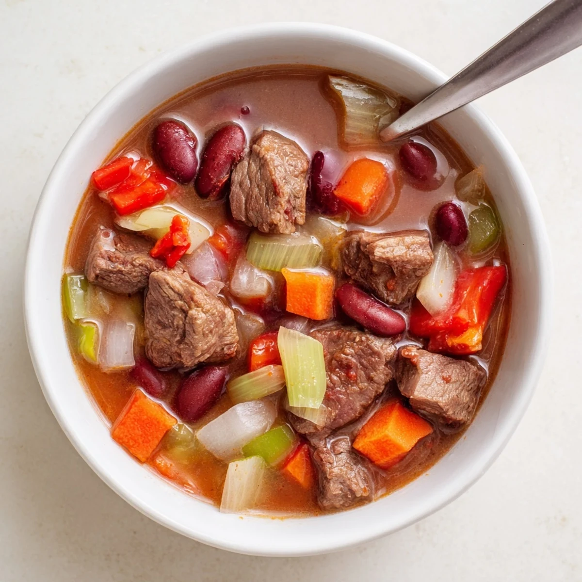 Hearty beef and bean soup delight simmering with kidney beans, carrots, and aromatic herbs in a rich broth
