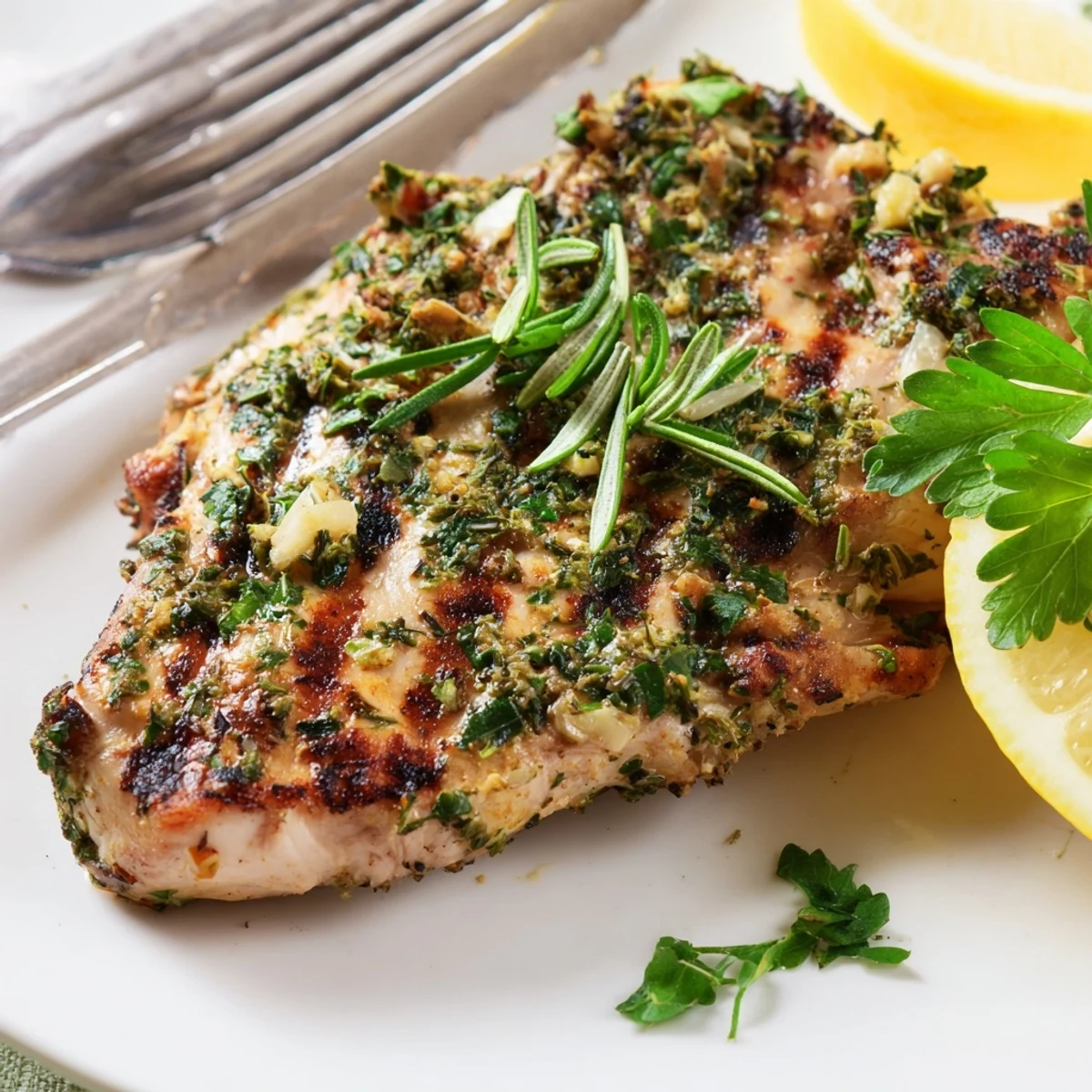 Golden herb rubbed grilled chicken breasts with charred grill marks and fresh green parsley garnish