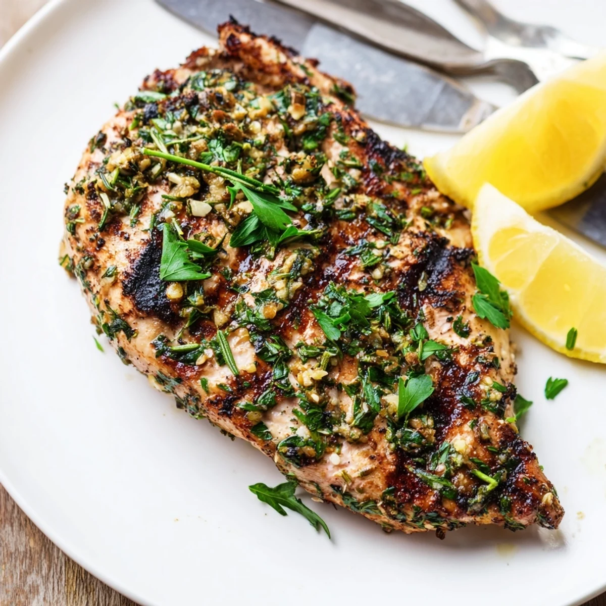 Savory herb rubbed grilled chicken delight plated with lemon wedges on a white serving dish