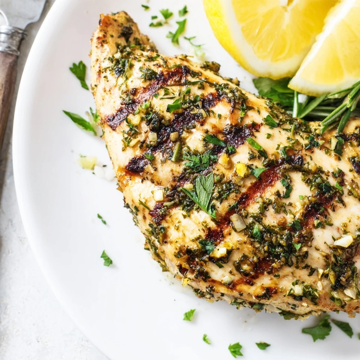 Juicy grilled chicken seasoned with rosemary and thyme, perfectly cooked with smoky charred exterior
