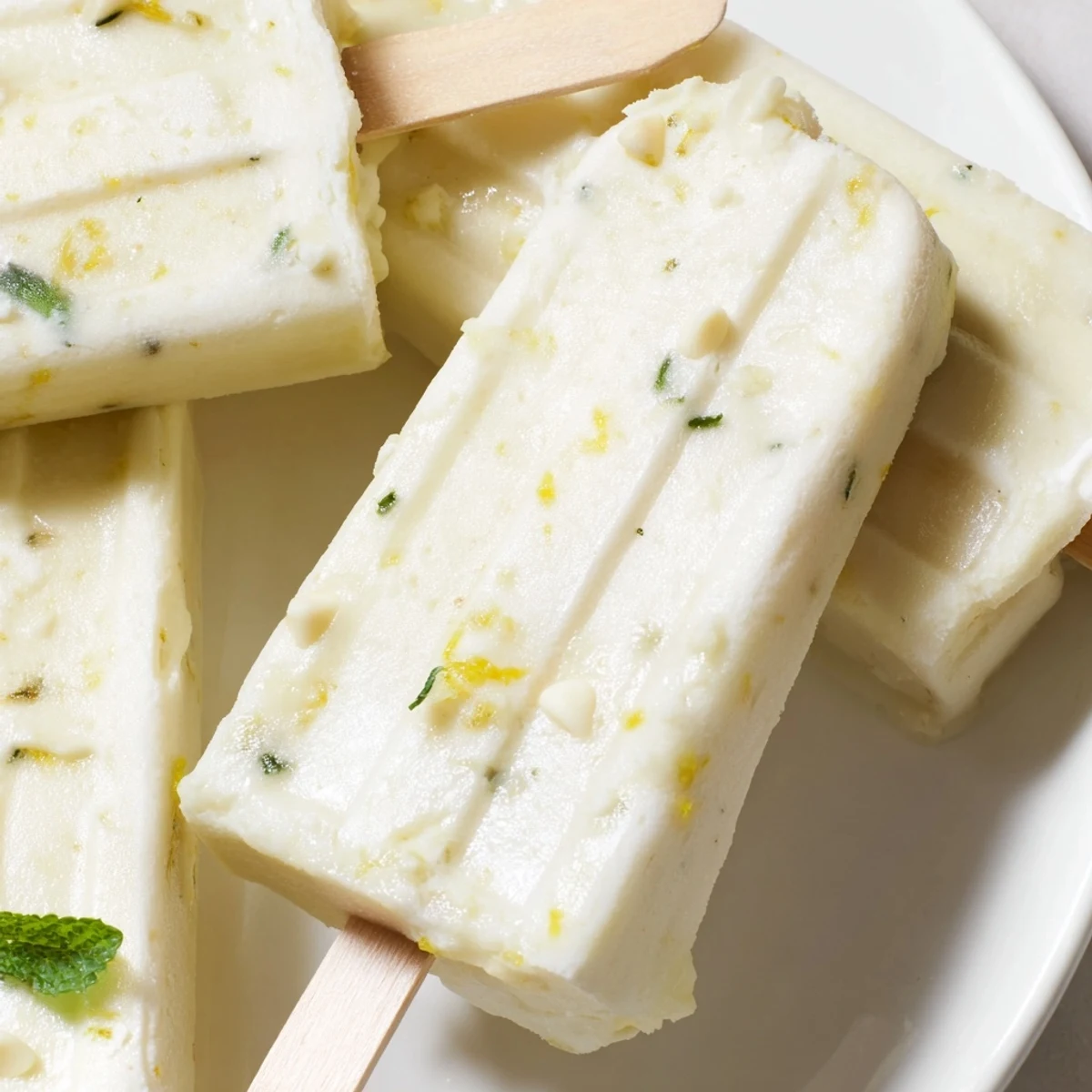 Creamy frozen lemon yogurt popsicles dripping with fresh citrus zest on a warm summer day