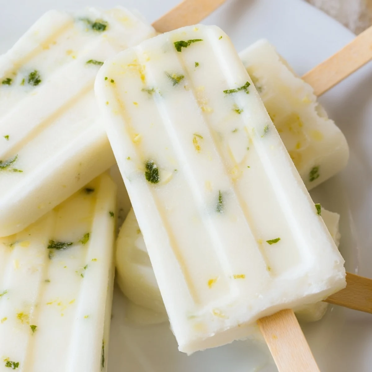 Tangy Greek yogurt lemon popsicles garnished with fresh mint leaves ready for freezing