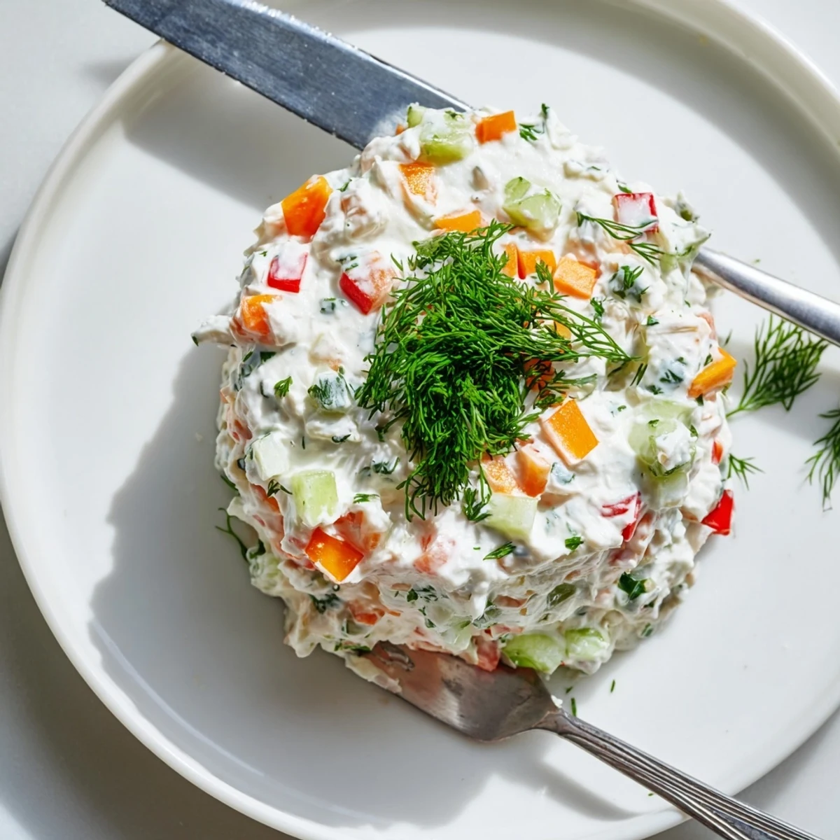 Creamy garden vegetable spread served on crackers with colorful diced red pepper and cucumber