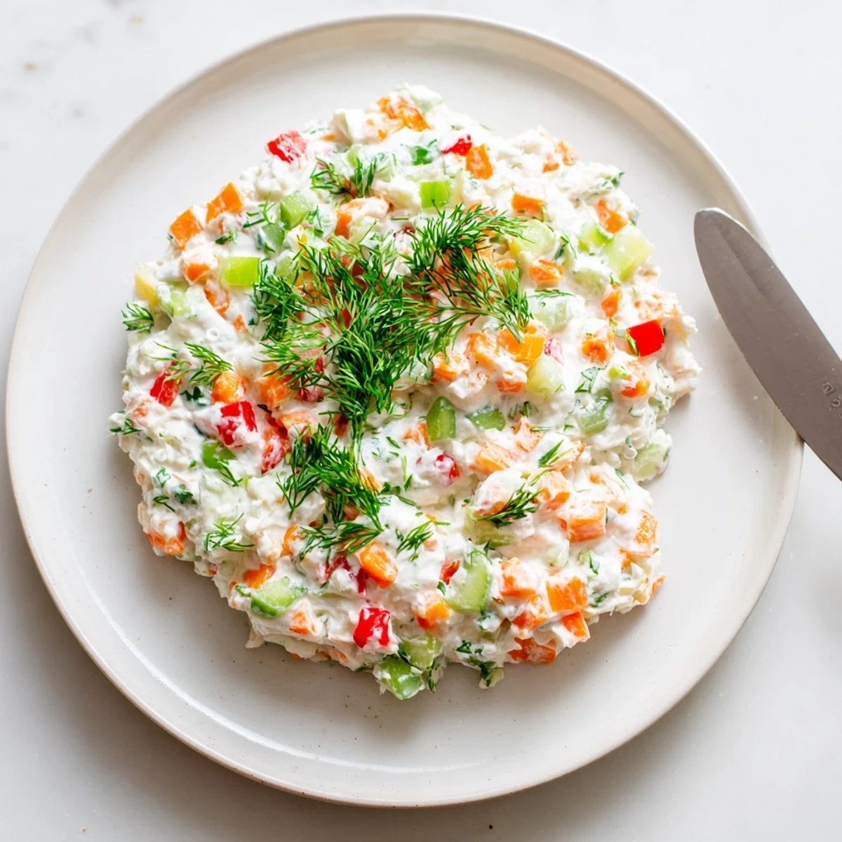 Vibrant garden vegetable spread in white bowl topped with parsley and dill for dipping