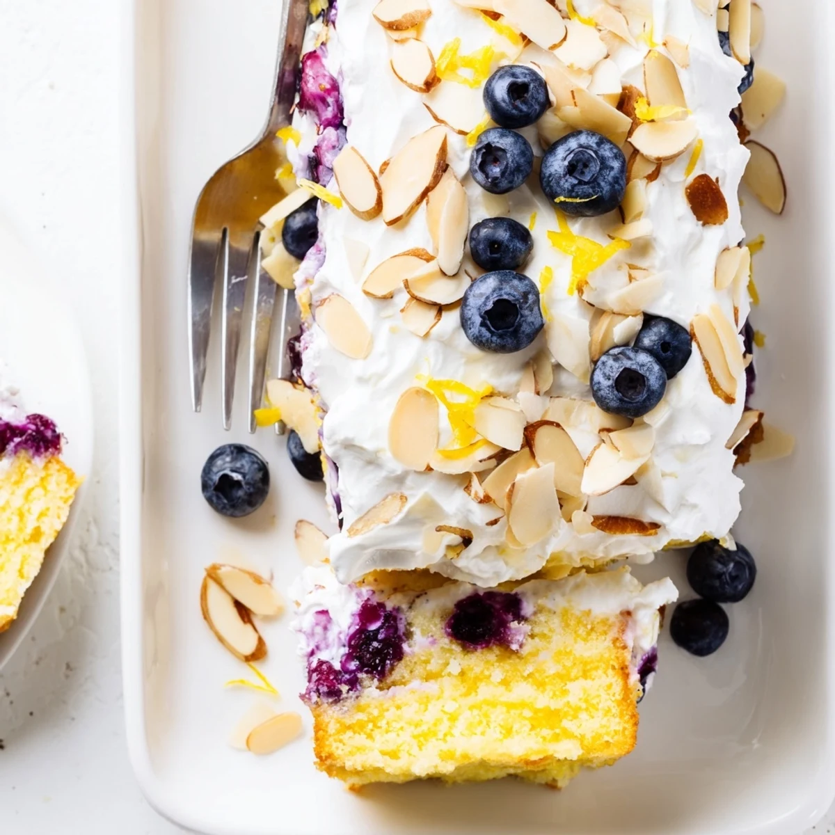 Moist lemon poke cake studded with blueberries and almond crunch under sweet cream frosting