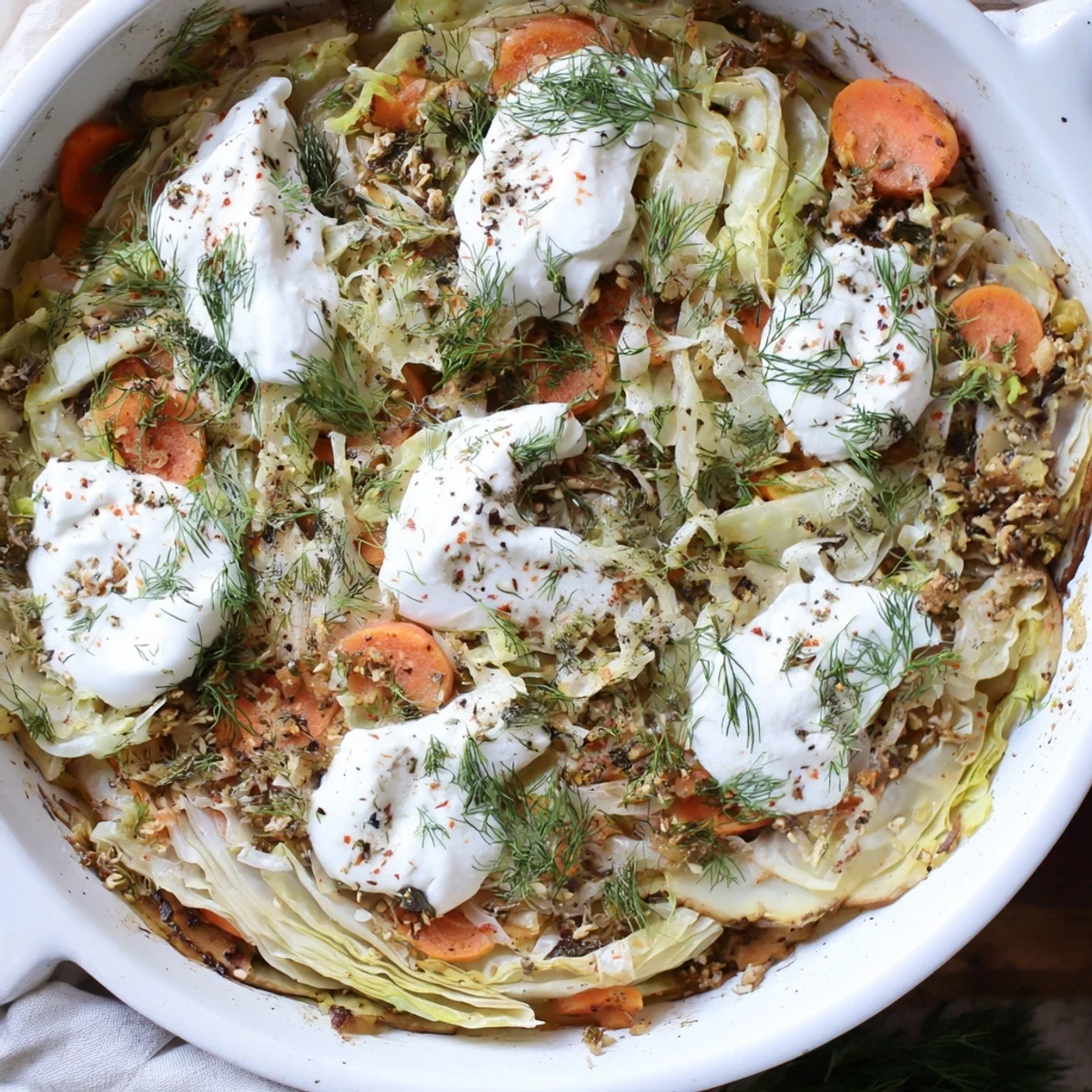 Hearty German cabbage casserole with tangy sauerkraut layers bubbling in a rustic baking dish