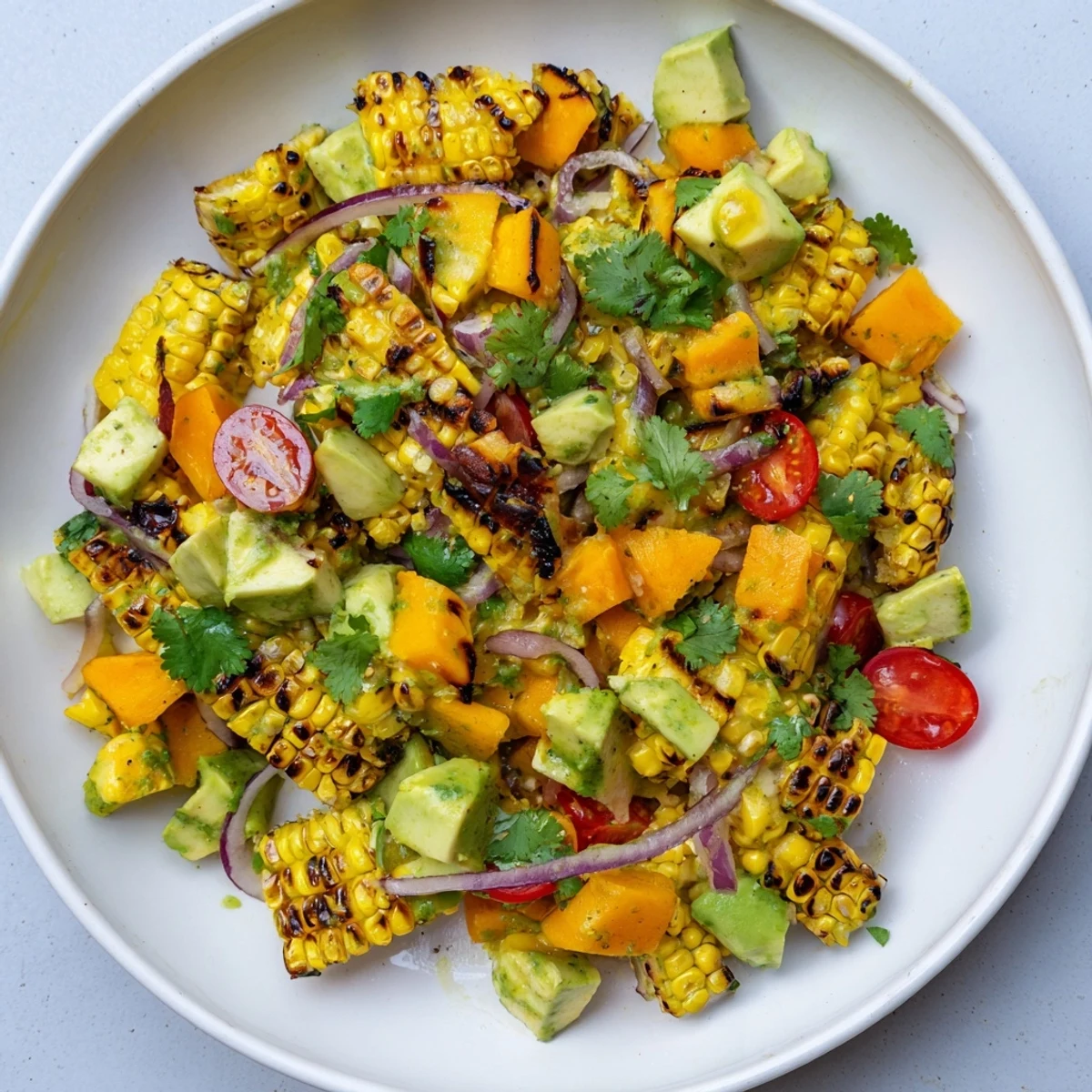 Golden tropical charred corn and avocado salad in a white bowl with fresh lime wedges