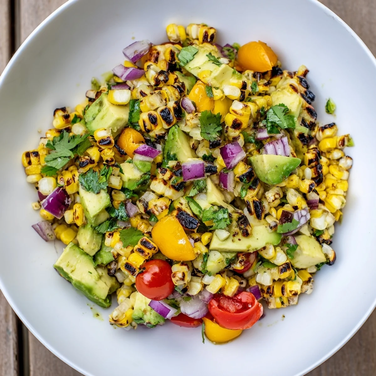 Vibrant summer bowl of charred corn avocado salad with juicy mango pineapple and cilantro garnish