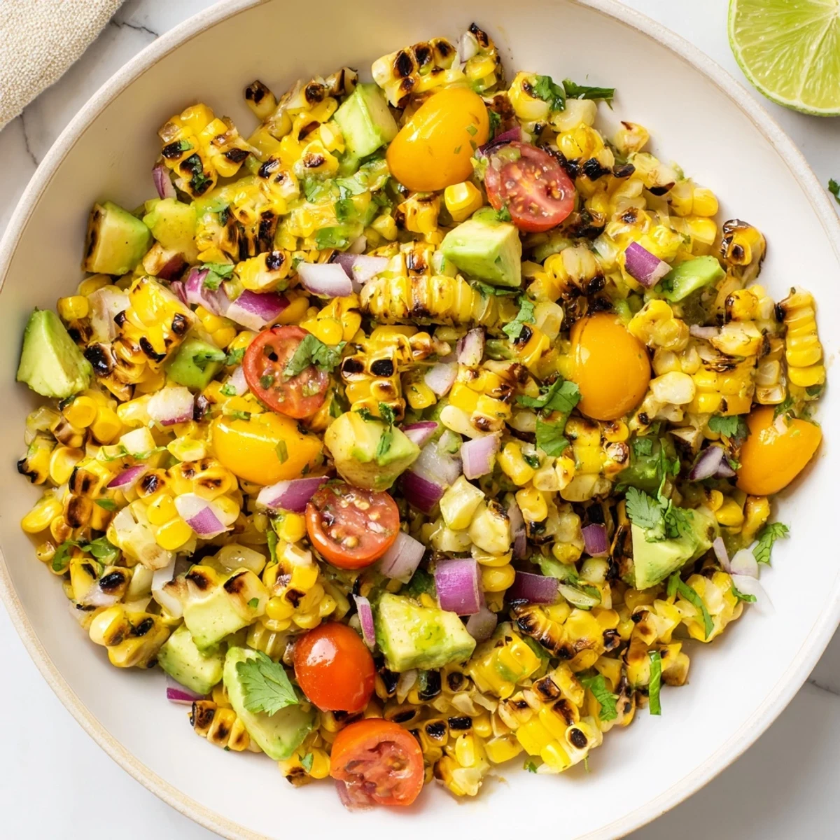 Close-up of layered tropical charred corn and avocado salad with colorful vegetables and zesty dressing