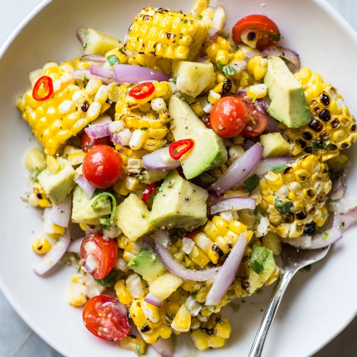 Tropical Charred Corn And Avocado Salad with smoky grill char and zesty lime