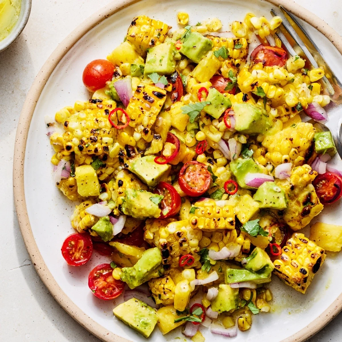 Cold Tropical Charred Corn And Avocado Salad bursting with sweet pineapple and cilantro