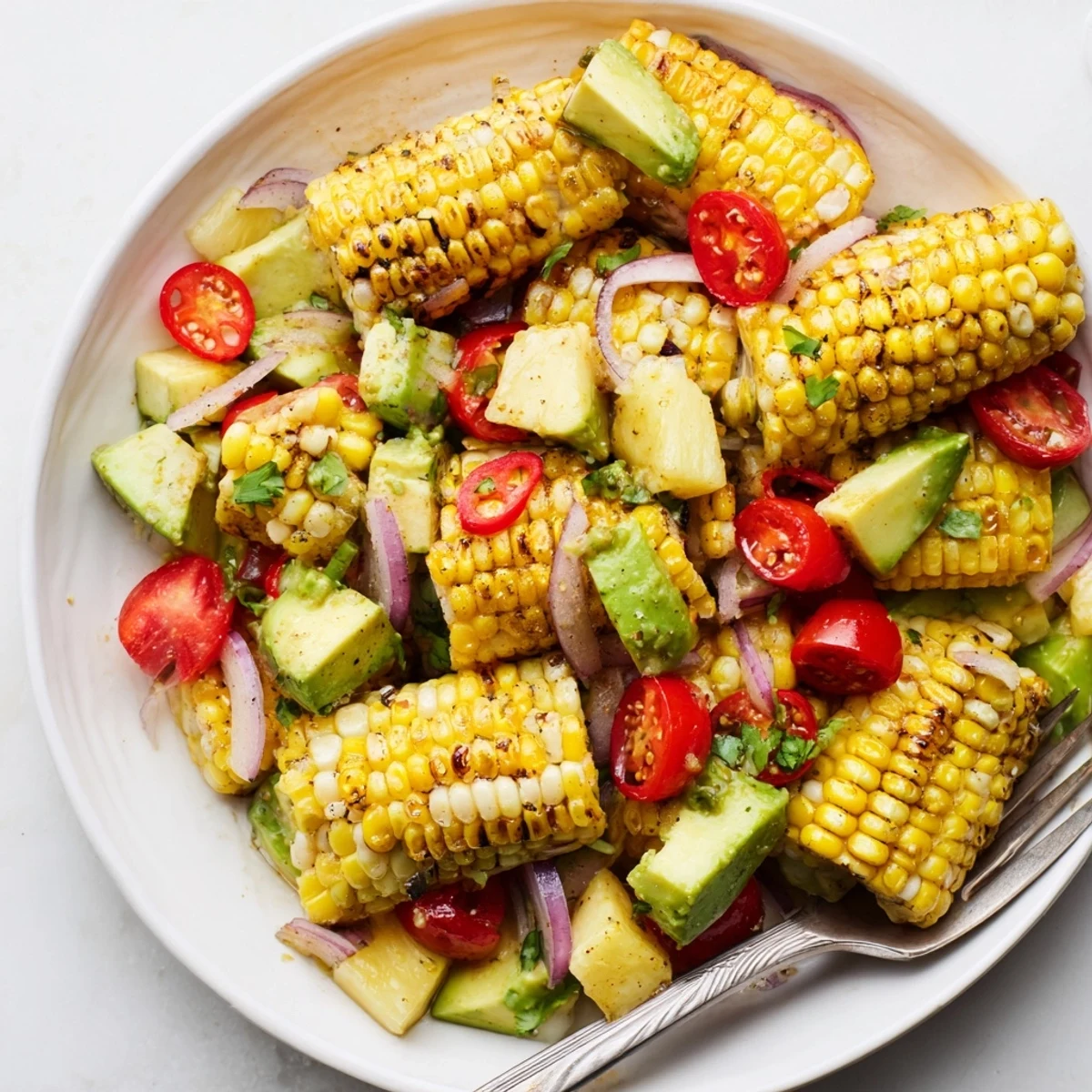 Grilled Tropical Charred Corn And Avocado Salad served warm or chilled for picnics