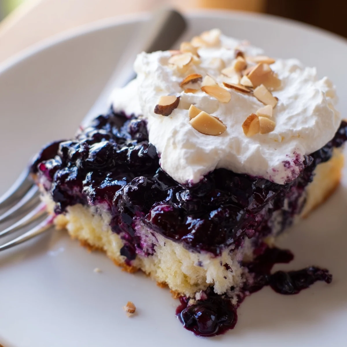 Chilled Lemon Blueberry Poke Cake With Almond Topping, creamy almond frosting and nutty crunch