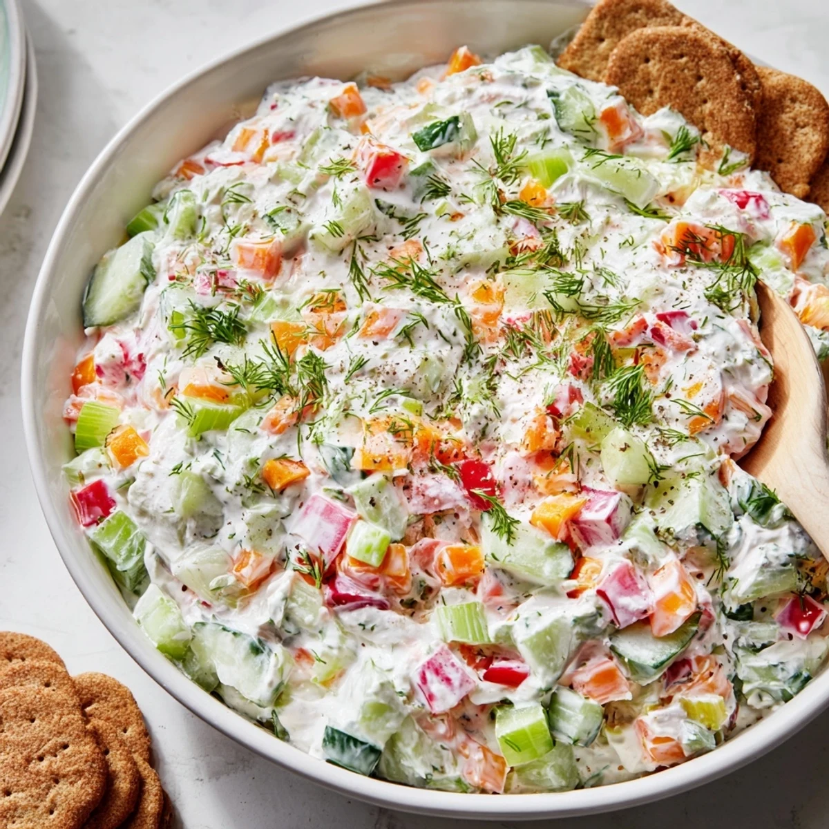Zesty Garden Vegetable Spread Recipe folded with crunchy cucumber, bell pepper, and dill.