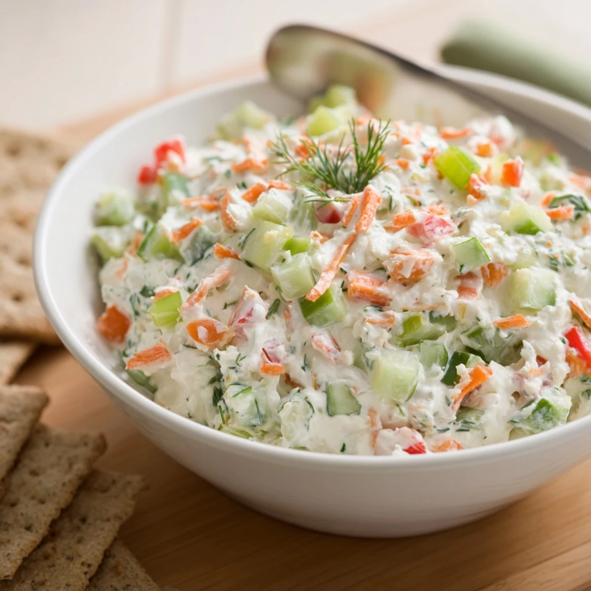 Creamy Garden Vegetable Spread Recipe chilled on crackers with fresh herbs.