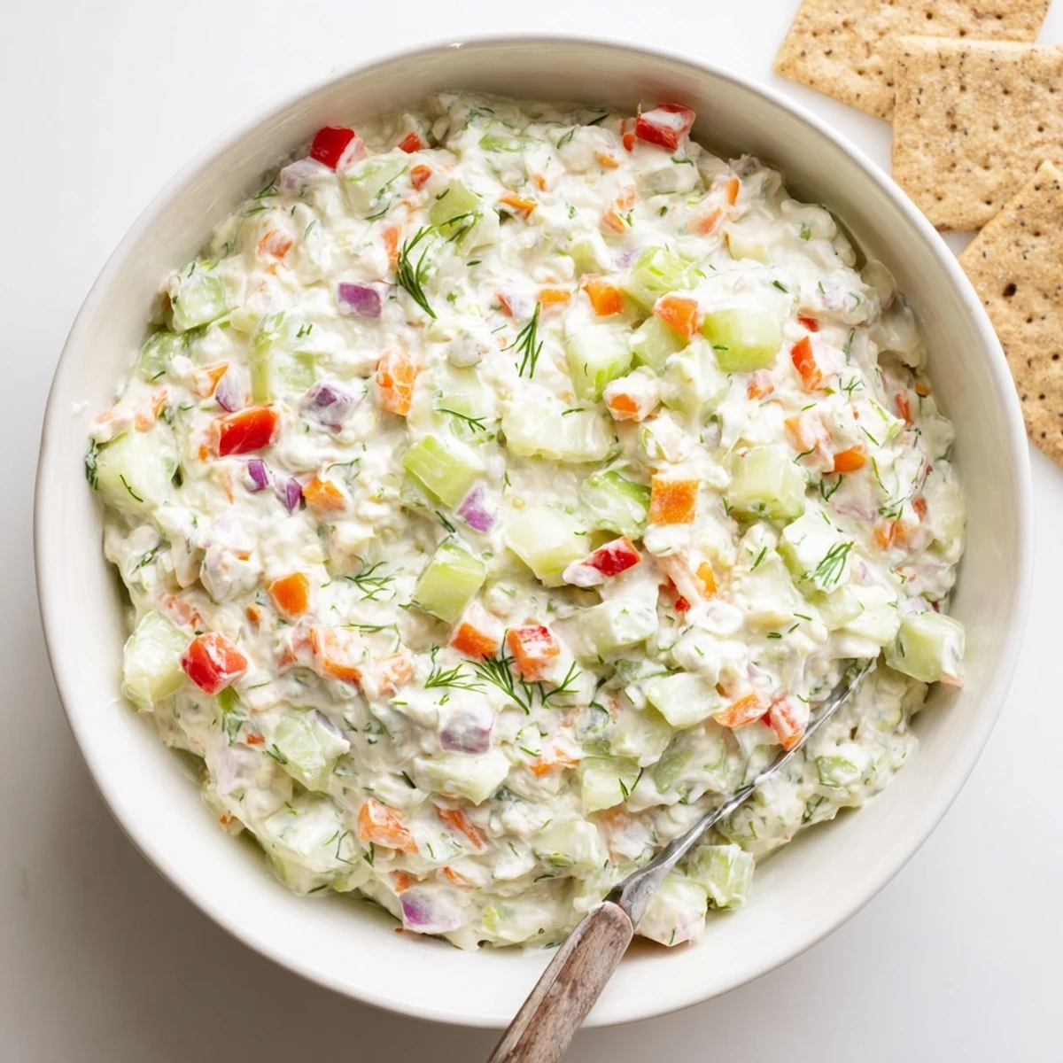 Make-ahead Garden Vegetable Spread Recipe served chilled with toasted sourdough slices.