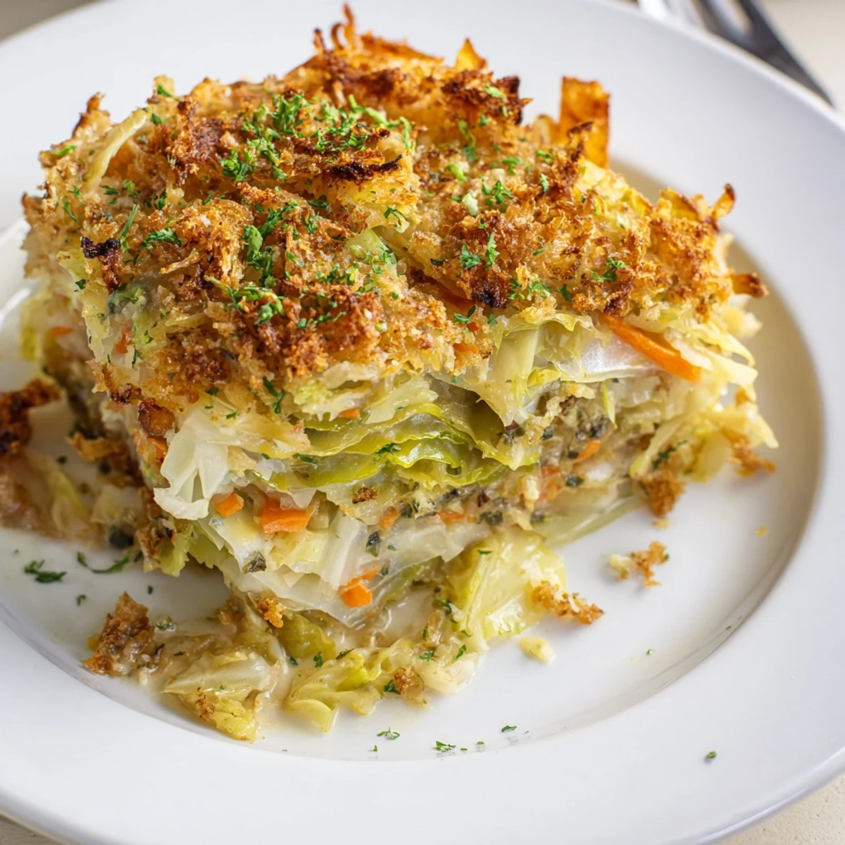 Slow Roasted Cabbage And Sauerkraut Casserole bubbling with golden breadcrumb crust, aromatic.