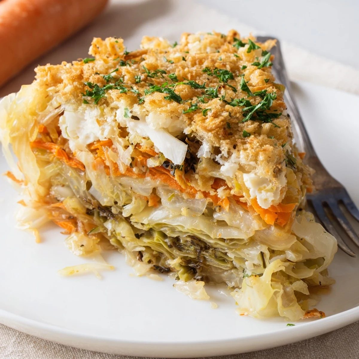 Warm Slow Roasted Cabbage And Sauerkraut Casserole served with rye bread, parsley.